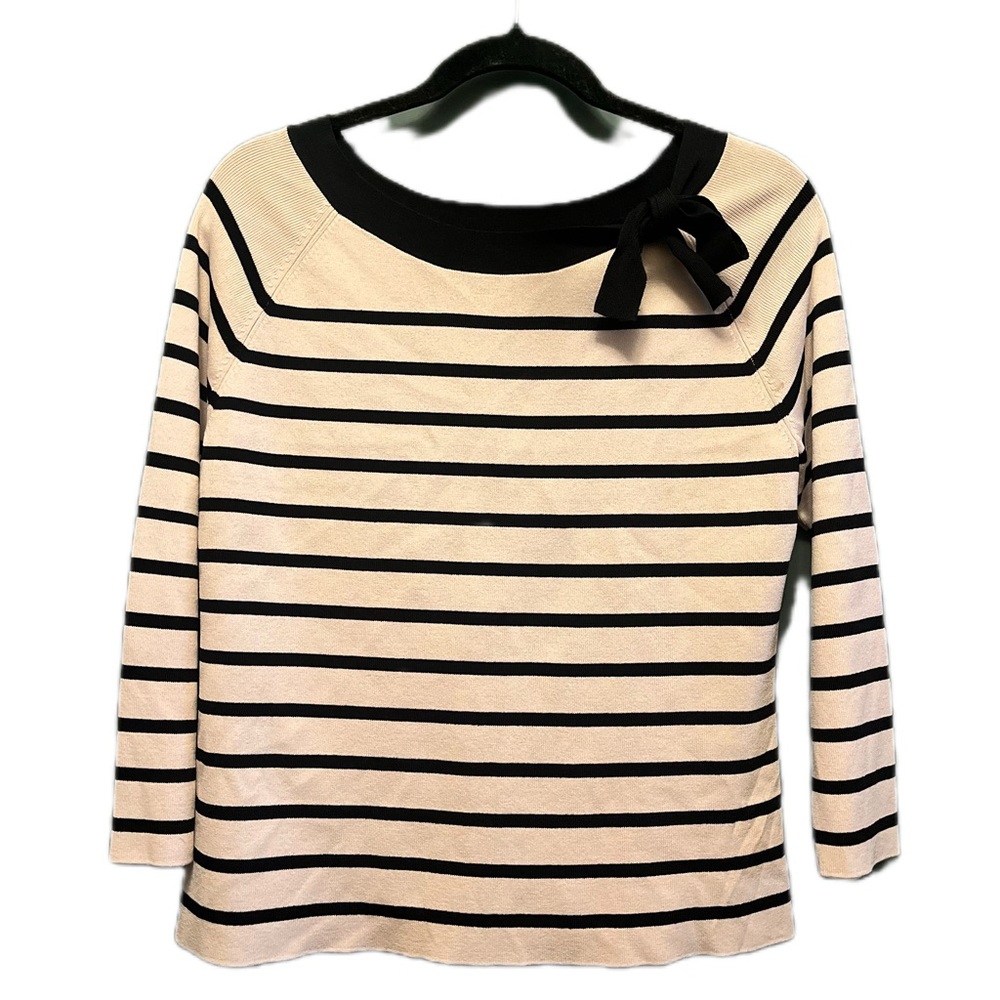 Carolyn Taylor Black and Cream Striped Sweater with Bow